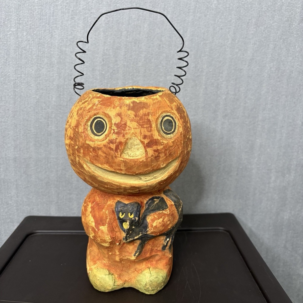 Bethany Lowe Paper Mache Halloween Jack-O-Lantern Pumpkin Black Cat 90s Vintage